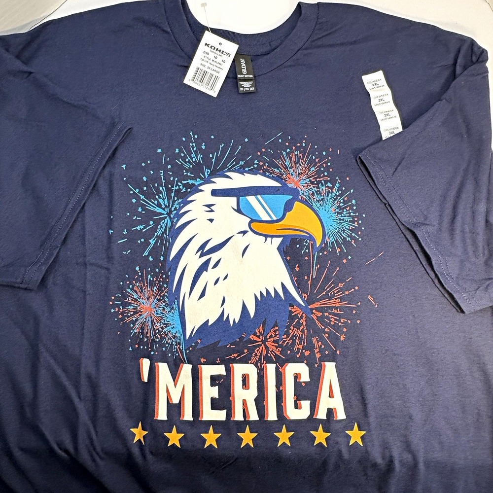 Gildan Merica Eagle Sunglasses Fireworks Graphic T Shirt Navy Blue Mens 2XL NEW